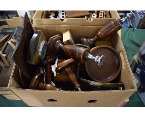 A Box of Treenware to Include Candle Sticks, Bowls, Trays, Barometer, Coaster Set 