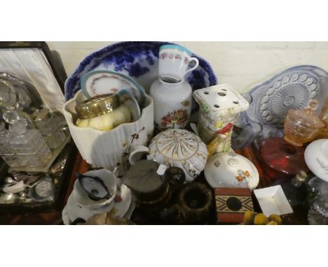 A Tray of Ceramics to Include Dunhill Pipe Shaped Ashtray, Flow Blue Oval Meat Plate, Royal Norfolk Floral Vase, Various Plan
