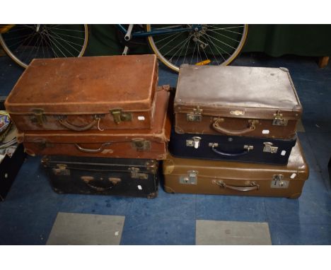 A Collection of Six Vintage Leather and Other Suitcases 