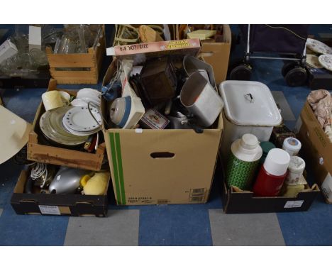 Four Boxes of Various Kitchenwares to Include Pots and Pans, Enamel Bread Bin, Flasks and Tins Etc 