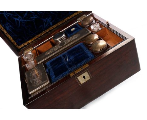 VICTORIAN ROSEWOOD TRAVELLING VANITY BOXthe hinged lid inlaid with mother of pearl cartouche containing the initials 'MN', op
