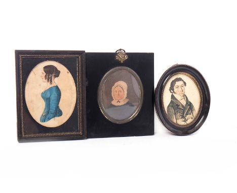 THREE 19TH CENTURY PORTRAIT MINIATURESdepicting an early Victorian woman modelled in profile, an early Victorian woman in a p