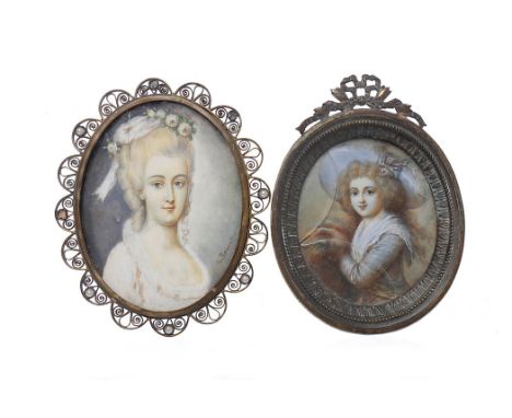 TWO PORTRAIT MINIATURES depicting a woman in 18th century dress, signed L. Bouson, contained within an oval, 8cm long; togeth