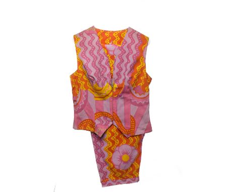 1960s "TWIGGY DRESSES" MOD TROUSER SUIT1967-1969, with pink and orange psychedelic floral print, comprising waistcoat and wid