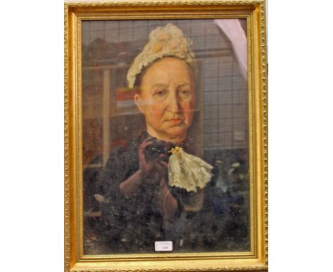 VICTORIAN SCHOOL,HEAD AND SHOULDERS PORTRAIT OF AN ELDERY LADY IN BLACK DRESS WITH WHITE CAPoil on canvas54cm x 38cm Framed a