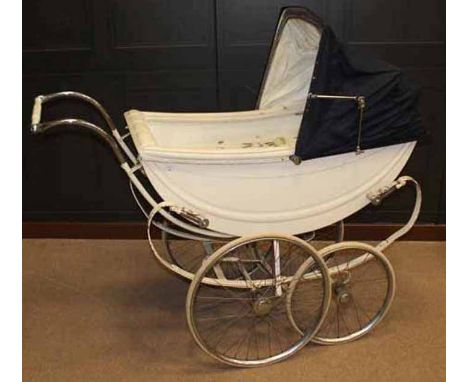 VINTAGE OSNATH COACH BUILT BABY PRAMof typical form with spoked wheels, cream painted frame with blue hood, approximately 138