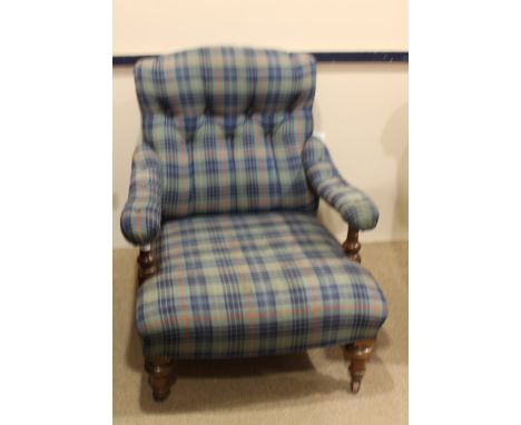 MAHOGANY FRAMED OPEN ELBOW CHAIR in the manner of Howard & Son, with button back and upholstered in tartan fabric, over turne