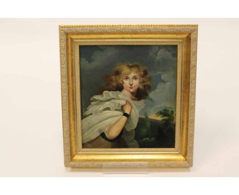 ENGLISH SCHOOL,HALF-LENGTH PORTRAIT OF A YOUNG WOMAN oil on board13cm x 21cm Framed
