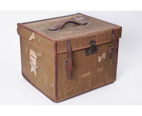 An antique old square luggage trunk possibly for a hat, height 37cm, width 46cm.