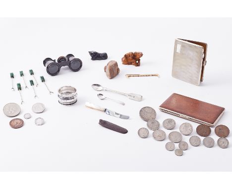 Mixed lot comprising coins, French opera glasses, carvings, silver napkin ring, silver plated cigarette case, and other items