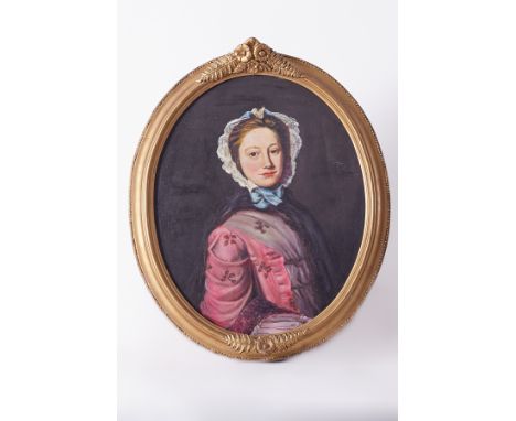A group of three portrait paintings in oval gilt frames and another portrait in a swept gilt frame.