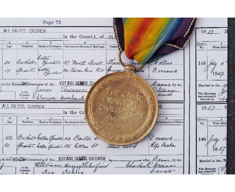 Victory Medal to 49039 Pte George BUCKLEY, 19th Manchester Regiment, Loyal North Lancashire Regiment and RASC. Slightly wound