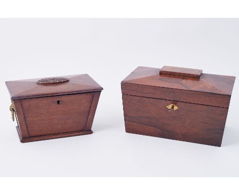 Victorian rosewood tea caddy together with a 19th century mahogany jewellery box fitted with a single tray and gilt ring drop