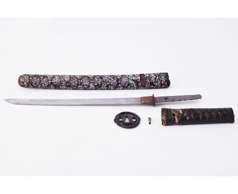 Japanese short sword Wakizashi with enamelled style scabbard, pierced iron tsuba, length 54cm (faults).