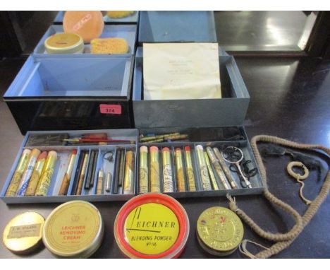 A collection of vintage theatrical make up to include Leichner tins and crayons, two metal tins and a small quantity of face 