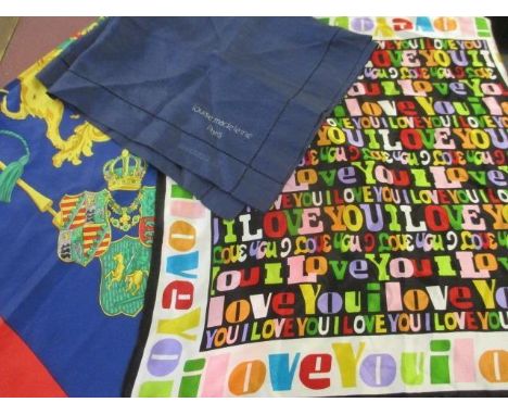 A Lulu Guiness 'I Love You' silk neck scarf, a Louise Madeleine, Paris navy silk neck scarf and a colourful fashion scarf dep