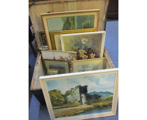 A vintage J Richards of London studded trunk A/F, together with a quantity of prints and needlepoint pictures, a 1989 waterco