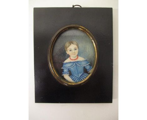 Attributed to T Bird - a portrait miniature of Maria Keens, Aug 20th  1844 aged 5 1/2, on ivory, 3" x 2 1/2", in a black lacq