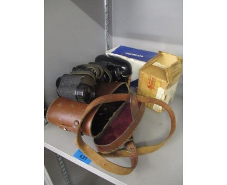 A small mixed lot to include a pair of leather cased Wray binoculars and a vintage Lucas bike lamp and two watercolours 