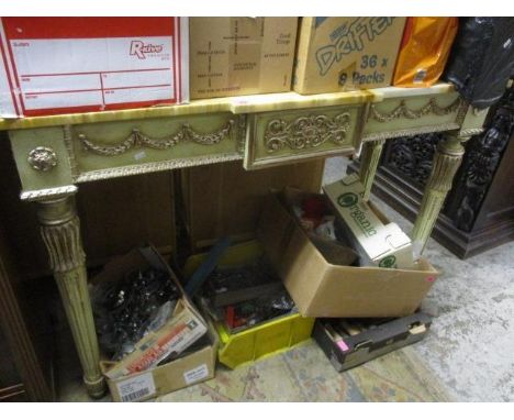 A reproduction French style console table having applied motifs, marble top and fluted legs, 36" h  x 51 1/2"w 