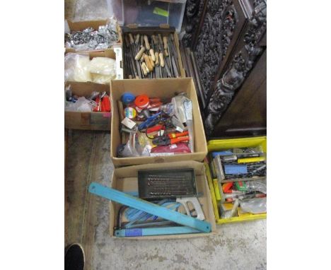 A collection of tools to include vintage wooden handled files, ties, hacksaw blades, miscellaneous electrical tools and equip