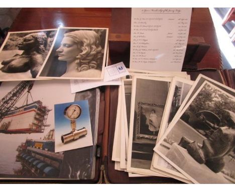 A folio of photographs depicting various sculptures and artwork, along with photographs of oil rigs, taken by first response 