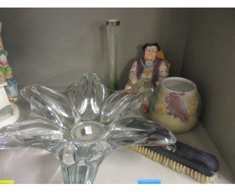 A Melba ware character jug depicting Henry VIII, a glass vase, an ebonized clothes brush and a French Art glass bowl 