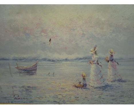 A group of three late 20th century seascape paintings, the larger depicting three girls in Edwardian dress, walking along a b