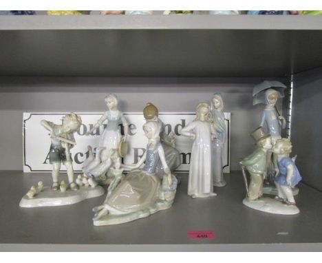A group of six Lladro and Nao porcelain figures, a Metzler and Ortiff figure of a boy playing a violin to an audience of duck