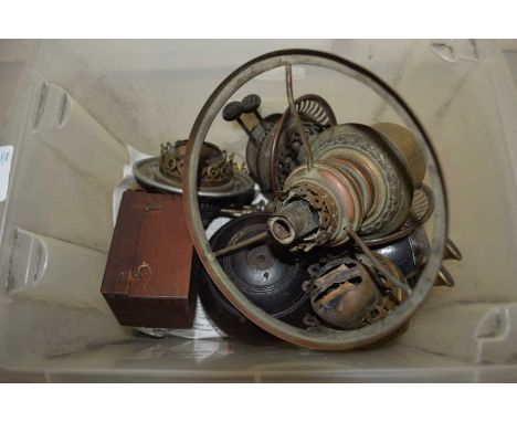 Box of various oil lamp parts and other items