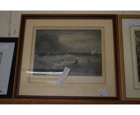 After J M W Turner, engraving Stranded Vessel off Yarmouth, framed and glazed