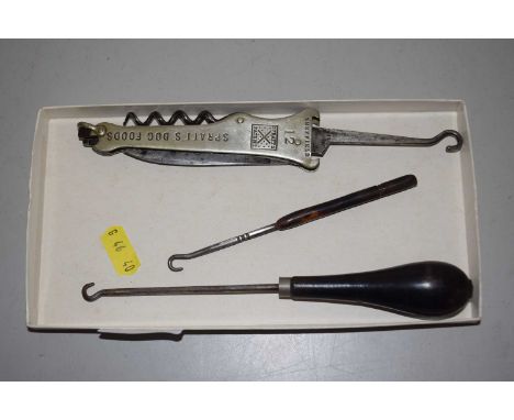 Mixed Lot: Spratts Dog Food combination pocket tool together with two button hooks
