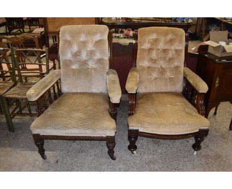 Two similarly upholstered Victorian button back armchairs with slightly differing frames