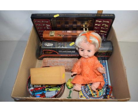 Box of various toy vehicles, boxed chess set and other items