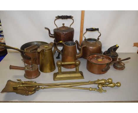 Mixed Lot: Various copper and brass wares to include kettles, fire tools, saucepan etc