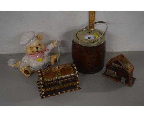 Mixed Lot: Novelty teddy bear teapot, oak biscuit barrel and other items