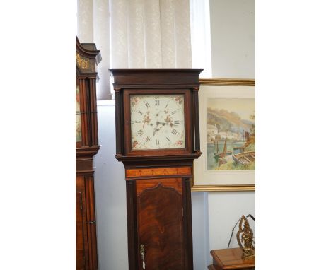 Early 19th century longcase clock with painted dial and flame mahogany trunk, Coats Wigan, 220cm tall