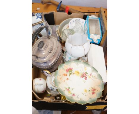 Large unsorted mixed box to include a victorian Royal Worcester cake stand, Minton part tea set, samovar & other Victorian ce