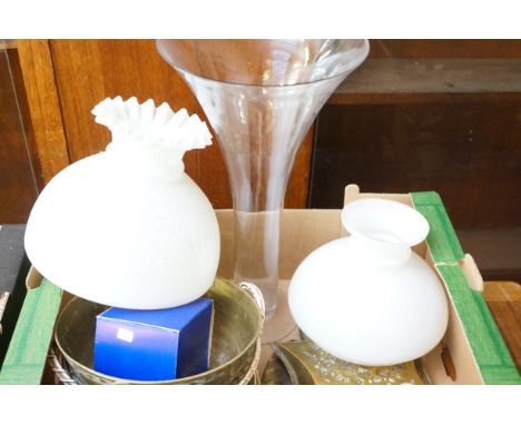 Collection of brass ware to include large glass vase & 2 oil lamp shades