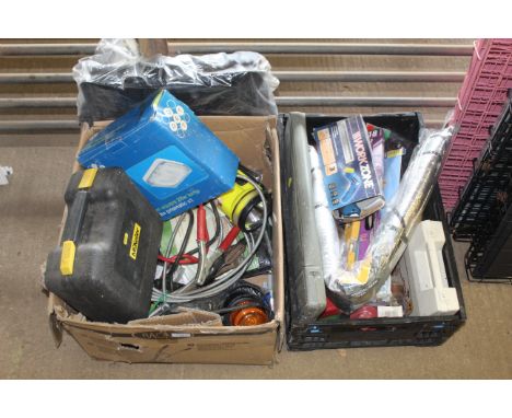 Two boxes of tools to include jump leads, 12v amber flashing light, tile cutter, warning triangle etc.