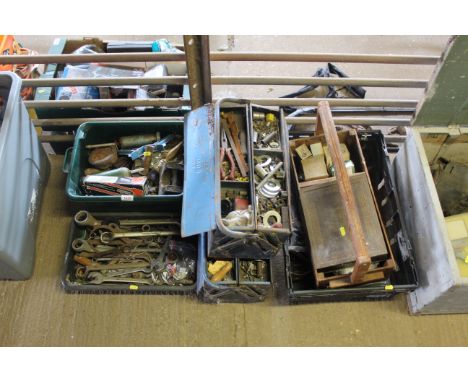 A large quantity of tools including two cantilever tools boxes, wooden tool carrier, hammers, spanners etc.