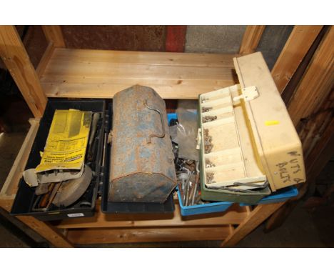 A metal toolbox and contents of various bolts, screws, a plastic tool box and contents of various hand tools and two further 