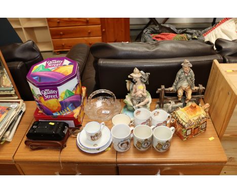Two Capodimonte figure groups, a cottage ware tea pot, various soral commemorative mugs, vintage camera etc. 