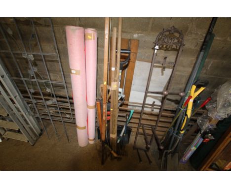 A quantity of gardening tools to include long arm pruner, rake, digging fork, loppers, sledge hammer, plastic shovel etc. 