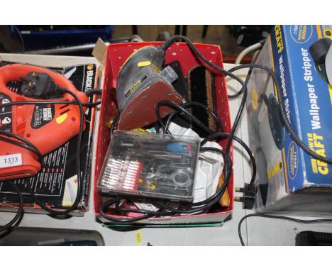 A box containing a quantity of tools to include a McKeller 240v precision sander, screw drivers, brushes, miniature screw dri