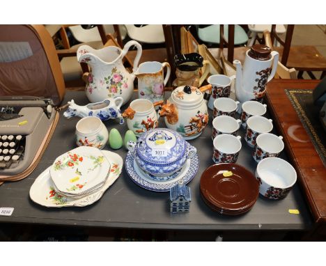 A quantity of various china to include a Cassandra coffee set, hunting scene decorated teapot and matching jug, sugar bowl et