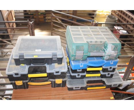 Eight various plastic tool boxes some with contents