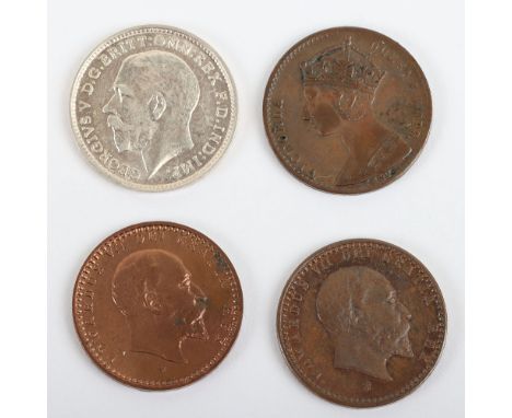 Edward VII Coronation Model Half Farthingx2, 1887 Jubilee Model Half Farthing, and 1912 Threepence, all UNC, (4)