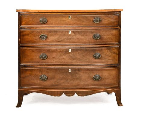 A George III Mahogany, Ebony and Boxwood-Strung Bowfront Chest, late 18th century, the moulded top above four long graduated 