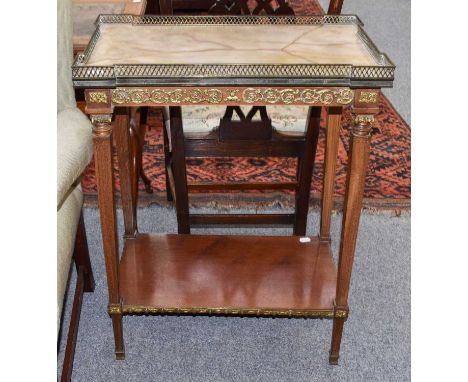 A French Empire Style Gilt Metal Mounted Kingwood Side Table, with brass gallery, marble top and shelf stretcher, 64cm by 38c